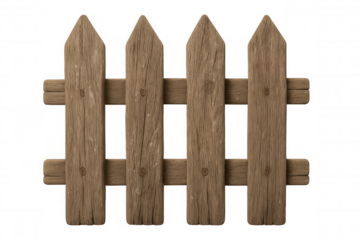 Rustic wooden picket fence section with weathered texture representing boundary, home, and security, transparent background
