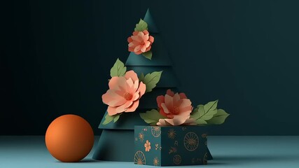 A stylized Christmas scene features paper flowers and a tree, a sphere, and a decorated box