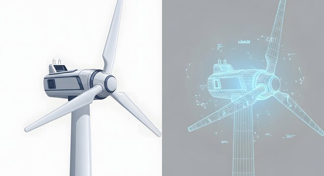 Wind Turbine with Digital Blueprint and Futuristic Technology Concept