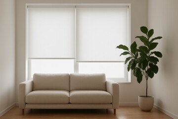 Modern living room with motorized roller blinds soft daylight smart home window style
