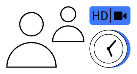 Two user profiles with an HD video label and clock, representing online meetings, high-quality streaming, and scheduling. Ideal for communication, productivity, technology, business, networking