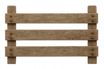 Wooden fence section with three horizontal planks and rusty nails, creating a rustic barrier on transparent background