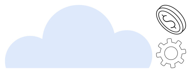 Cloud with coin and gear representing digital finance performance and technical optimization. Ideal for technology, economics, innovation, finance, automation, efficiency, data storage. Simple flat