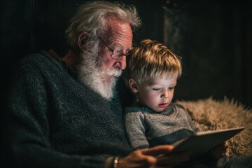 An old man and his young grandson share a tablet