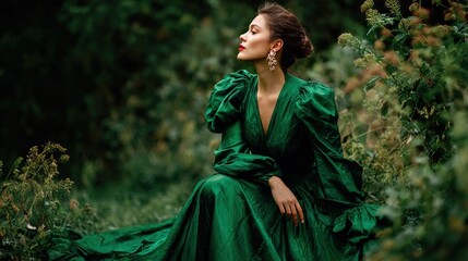 Woman in flowing emerald gown sits in a lush green garden, eyes closed, bathed in soft light