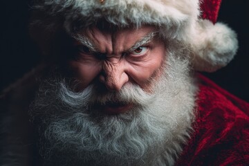 Angry sinister Santa glares at the camera against a shadowy backdrop