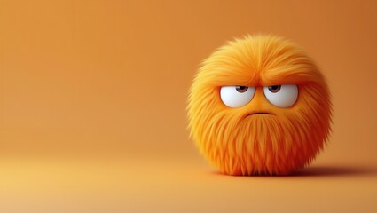 Fototapeta premium Orange fuzzy monster with big white eyes and thick eyebrows showing a grumpy face expression, representing emotions like frustration, irritation, and anger, on a solid color backdrop