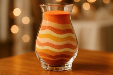 Colorful sand ceremony layers in glass vessel symbolizing unity and celebration captured with vibrant grains and soft romantic light