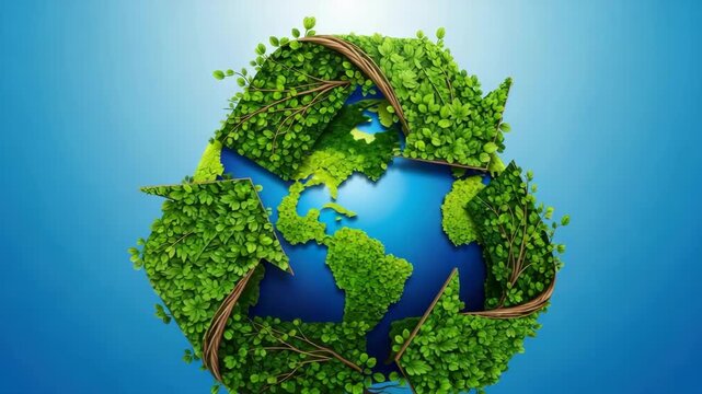 Blue Earth with continents of green foliage embraced by recycling symbol made of lush leaves and branches Represents global sustainability eco-friendly efforts and natures roots
