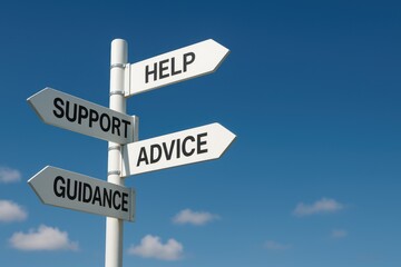 Conceptual signpost with help support guidance arrows on clear blue sky background