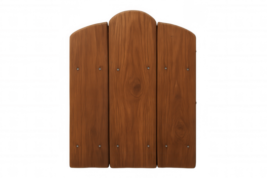 Wooden sign panel with natural wood grain texture featuring three vertical boards and round top shape