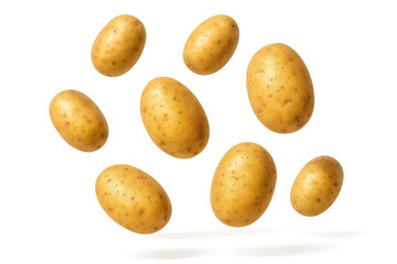 Falling fresh potatoes in mid air isolated on white and transparent clean background