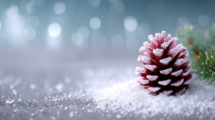 Festive Pine Cone on Faux Snow with Bokeh Background in Soft Lighting for Holiday Season Still Life