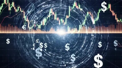 financial data visualization with green and red candlestick charts above glowing horizontal line Below currency symbols dollar euro pound drift in swirling data tunnel indicating global market movemen - Powered by Adobe