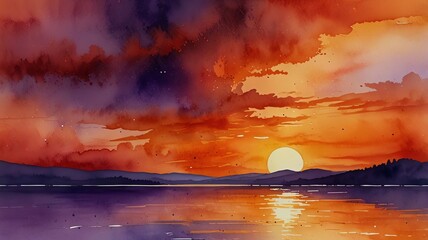 Obraz premium Vivid watercolor sunset over serene lake, fiery clouds reflect in tranquil water.