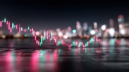 Financial Chart Overlaying Night Cityscape with Bokeh Lights and Red Green Candles on a Reflective Surface in a Cinematic Style Digital Futuristic Finance