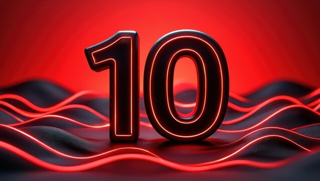 Number ten sign glowing with a vibrant neon red outline, positioned on a wavy abstract black surface, creating a dynamic and futuristic aesthetic for anniversaries or special events - Powered by Adobe