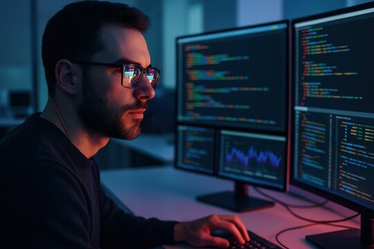 Focused developer coding at workstation with neon code reflections and cyber security vibe