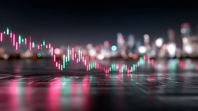 Financial Chart Overlaying Night Cityscape with Bokeh Lights and Red Green Candles on a Reflective Surface in a Cinematic Style Digital Futuristic Finance