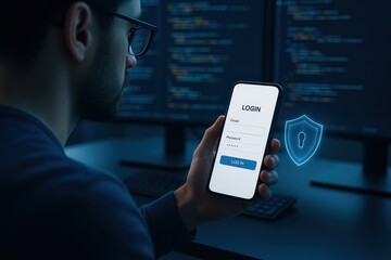 Secure mobile login in developer hands with shield hologram and clean code backdrop