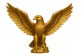 Golden eagle statue spreading wings on transparent background