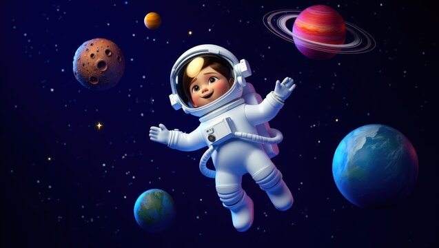 Child astronaut wearing a spacesuit and floating happily among various planets and stars in the vast dark universe, symbolizing imagination, adventure, and the wonder of space exploration