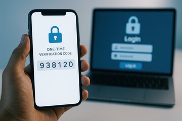 Trusted device two step verification code on smartphone syncing with laptop secure login