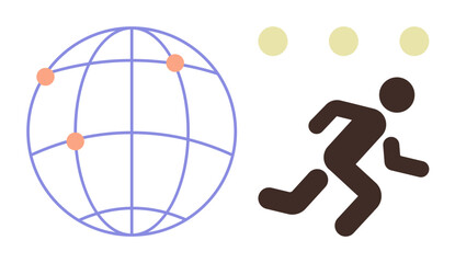 Globe with connection nodes paired with a running figure, symbolizing global connectivity, communication, progress, speed, innovation, activity, and teamwork. Ideal for technology networking