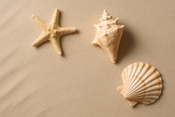 Coastal flat lay with starfish seashells and spiral shells on clean sandy surface
