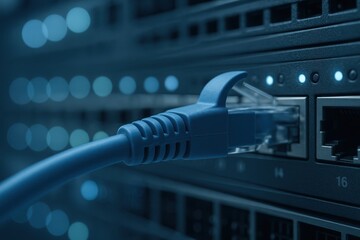Ethernet cable plugged into switch in modern server room with cool blue rack lights