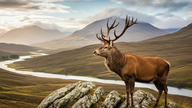 stag with antlers stands on mossy rocks overlooking winding river through vast golden valley Distant mountains rise under cloudy sky with sunlight