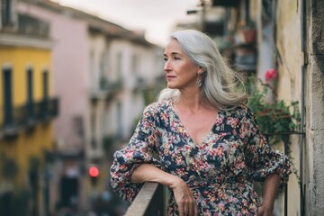 Attractive adult female on the balcony gazing at the street