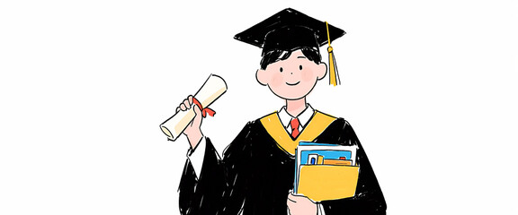 Illustration of a Young Graduate in Cap and Gown Holding Diploma and Books, Celebrating Academic Achievement