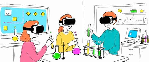 Cartoon Illustration of Students Wearing VR Headsets Conducting Science Experiments with Beakers and Test Tubes in a Lab