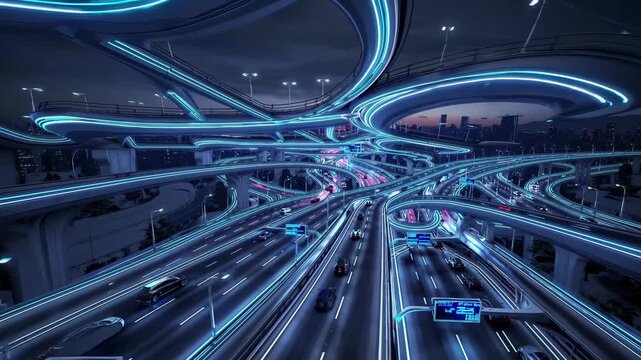 Urban traffic moving on a futuristic multilane highway interchange, creating vibrant light trails and displaying glowing blue and purple neon infrastructure lights