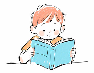 Illustration of a Young Boy Reading a Blue Book with Enthusiasm and Focus on Learning