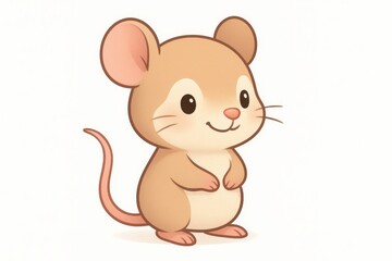 Gentle cartoon field mouse mascot on white with small ears soft colors and smile