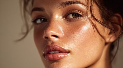 Close-up of a young woman with glowing skin, dark hair framing her face, and light shining on her face