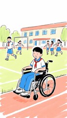 Illustration of a Young Boy in Wheelchair Attending School with Other Children Playing in the Background