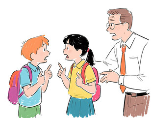 Illustration of a Teacher Intervening in a Dispute Between Two Students in a School Setting