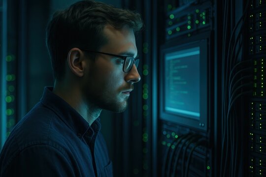 Focused side view of an African American data engineer working with a laptop in a blue lit server room capturing precision expertise and modern tech culture