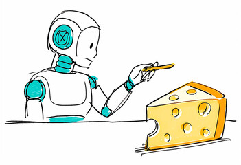 Robot Examining a Piece of Cheese with a Magnifying Glass, Whimsical Illustration