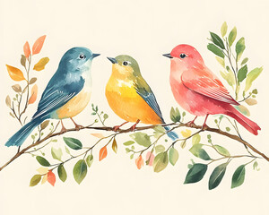 Obraz premium Watercolor Birds A Trio of Colorful Avian Friends Perched on a Branch with Artistic Flair