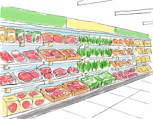 Grocery Store Refrigerator Displaying Meat and Produce Sections with a Sketchy Illustration Style