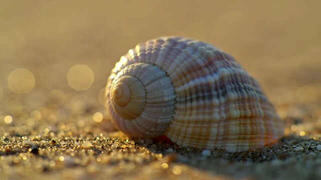 A detailed macro view of an exquisite spiral seashell resting on the glistening golden sand, capturing the serene tranquility of a coastal sunrise
