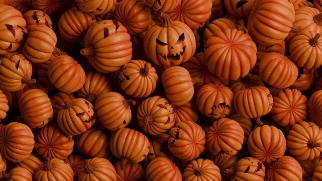 Animation of falling Halloween pumpkins with carved faces on an orange background. Perfect for holiday videos, banners, and festive designs.