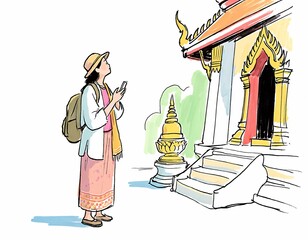 Woman Tourist Admiring Traditional Thai Temple Architecture with Backpack and Hat, Travel Illustration
