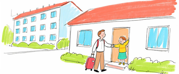 Hand-Drawn Style Illustration of a Man Arriving Home with Luggage, Welcomed by a Woman at the Door