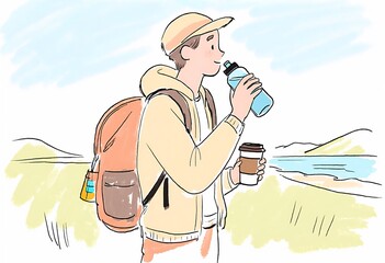 Illustration of a young man hiking and drinking water with a coffee cup in hand, enjoying the outdoors