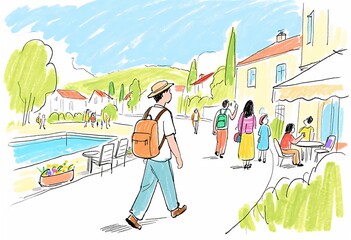 Watercolor Illustration of a Tourist Walking Through a Picturesque European Village on a Sunny Day